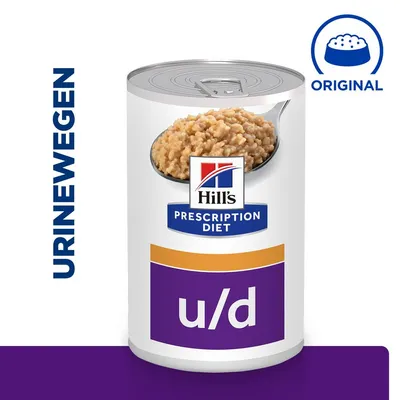 Blik Hill's Prescription Diet u/d natvoer, tekst: URINEWEGEN en ORIGINAL zichtbaar op de afbeelding.