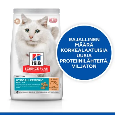 Hill's Science Plan Hypoallergenic Adult 1–6 kissanruoka, viljaton, rajallinen määrä uusia proteiinilähteitä. Pakkauksessa valkoinen kissa ja sininen infoteksti.