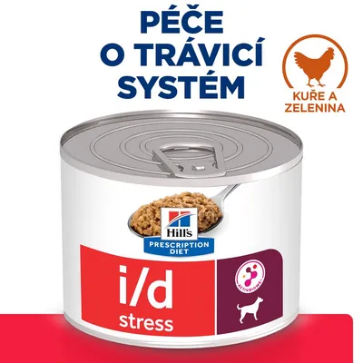 Konzerva Hill's Prescription Diet i/d stress pre psov, kura a zelenina. Text: Péče o trávící systém. Zobrazené logo ActivBiome+ a ilustrácia psa. Konzerva Hill's Prescription Diet i/d stress pre psov, kura a zelenina. Text: Péče o trávící systém. Zobrazené logo ActivBiome+ a ilustrácia psa.