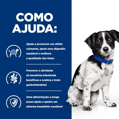 Texto: Como ajuda. Ajuda a promover um efeito calmante, apoia uma digestão saudável e melhora a qualidade das fezes. Promove bactérias intestinais benéficas. Apoia o sistema imunitário.