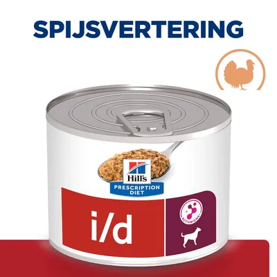 Hill's Prescription Diet i/d blikvoer voor honden, ActivBiome+, afbeelding van kalkoen, tekst 'SPIJSVERTERING' boven het product.