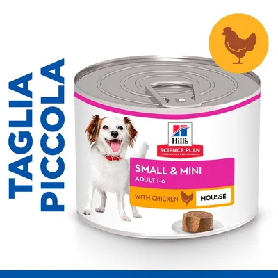 Hill's Science Plan Small & Mini Adult 1-6 with Chicken Mousse, lattina per cani di taglia piccola. Testo visibile: TAGLIA PICCOLA, immagine di cane e simbolo pollo. Hill's Science Plan Small & Mini Adult 1-6 with Chicken Mousse, lattina per cani di taglia piccola. Testo visibile: TAGLIA PICCOLA, immagine di cane e simbolo pollo.