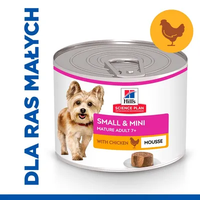 Hill's Science Plan Small & Mini Mature Adult 7+ Mousse with Chicken, puszka karmy dla psów, napis: DLA RAS MAŁYCH, ilustracja kurczaka