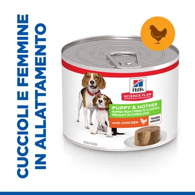 Scatoletta Hill's Science Plan Puppy & Mother con pollo, per cuccioli e femmine in allattamento. Testo visibile: 'Puppy & Mother', 'with chicken', 'Tender Mousse'.