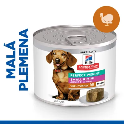 Konzerva Hill's Science Plan Perfect Weight Small & Mini Adult 1+ do 10 kg, s morčacím, mousse. Text: MALÁ PLEMENA, obrázok psa a porcie krmiva na tanieri. Konzerva Hill's Science Plan Perfect Weight Small & Mini Adult 1+ do 10 kg, s morčacím, mousse. Text: MALÁ PLEMENA, obrázok psa a porcie krmiva na tanieri.
