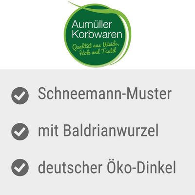 Aumüller Korbwaren. Qualität aus Weide, Holz und Textil. Schneemann-Muster, mit Baldrianwurzel, deutscher Öko-Dinkel.