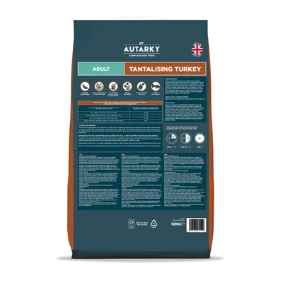 Back of Autarky Tantalising Turkey adult food bag showing feeding guide, ingredient list, nutritional information, icons for product features, and advice on transitioning diets.