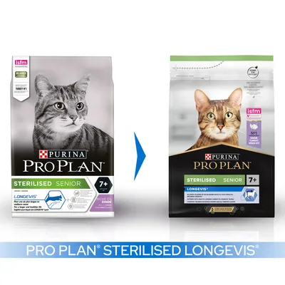 Συσκευασίες Purina Pro Plan Sterilised Senior 7+ για γάτες, με εμφανή κείμενα: STERILISED SENIOR, Longevis, isfm, 7+, εικόνες γάτας και αλλαγή συσκευασίας.