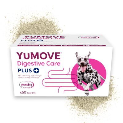 YuMOVE Digestive Care Plus with ActivBio, fast-acting high-strength formula to help firm stools, contains 6 sachets. Powder shown behind the box.