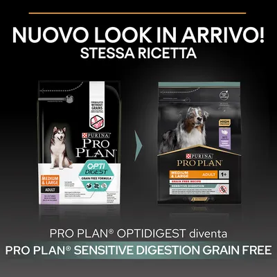 Nuovo look in arrivo! Stessa ricetta. PRO PLAN OptiDigest diventa PRO PLAN Sensitive Digestion Grain Free. Confezioni visibili: Medium & Large Adult, senza cereali.