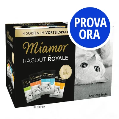 Miamor Ragout Royale In Jelly, confezione da 12x100g, quattro varietà. Testo visibile: PROVA ORA. Immagine di un gatto e delle bustine sul fronte della scatola.