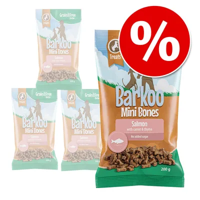 Barkoo Mini Bones, somon cu morcov și cimbru, fără adaos de zahăr, rețetă fără cereale, 200g. Simbol de reducere vizibil.