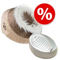 Bebedero Lucky Kitty + Cueva Minou Trixie marrón ¡con gran descuento! - Fuente 1,5 l, color blanco + cueva Minou marrón