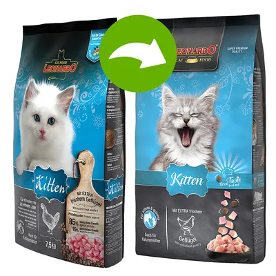 Balení krmiva LEONARDO Cat Food Kitten, nápisy: Mit EXTRA frischem Geflügel, 85 % tierisches Eiweiß, 15 % pflanzliches Eiweiß, 7,5 kg. Obrázek kotěte a kousků masa. Balení krmiva LEONARDO Cat Food Kitten, nápisy: Mit EXTRA frischem Geflügel, 85 % tierisches Eiweiß, 15 % pflanzliches Eiweiß, 7,5 kg. Obrázek kotěte a kousků masa.
