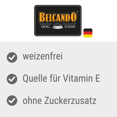 Belcando Dog Food. Weizenfrei, Quelle für Vitamin E, ohne Zuckerzusatz.