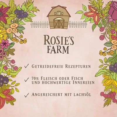 Rosie's Farm. Viljaton resepti, 70 % lihaa tai kalaa ja laadukkaita sisäelimiä, rikastettu lohiöljyllä.