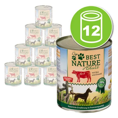 Lot de 12 boîtes Best Nature Adult pour chien, bœuf avec riz et huile de chardon, sans sucre ajouté, alimentation naturelle en qualité premium. Texte allemand visible sur l’emballage.