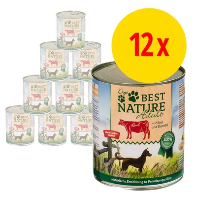 Lot de 12 boîtes Best Nature Adult pour chien, bœuf avec riz et huile de chardon, sans sucre ajouté, texte en allemand sur l’étiquette.