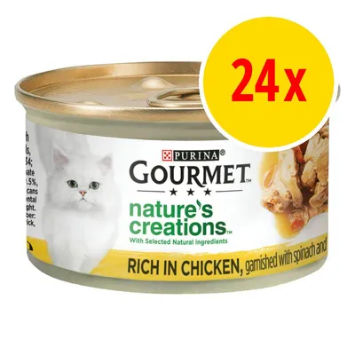 Pack of 24 Gourmet Nature's Creations cans, rich in chicken, garnished with spinach and visible natural ingredients.