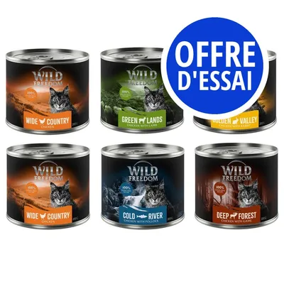 Offre d’essai Wild Freedom : 5 boîtes 200 g pour chat, variétés visibles Wide Country, Green Lands, Golden Valley, Cold River, Deep Forest. Texte sur pastille : OFFRE D'ESSAI.