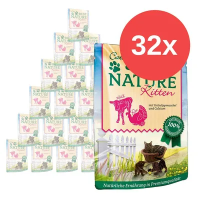 Cat's Best Nature Kitten, 32x. Obal s nápisy Kalb, Lilu, mit Grünlippmuschel und Calcium, 100 % natürliche Zutaten, vyobrazení koťat a plotu.