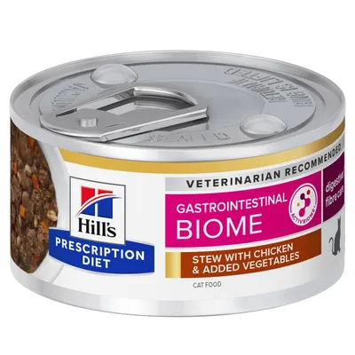 Hill's Prescription Diet Gastrointestinal Biome Stew csirkével & hozzáadott zöldségekkel, macskaeledel konzerv, állatorvosok által ajánlott, ActivBiome+ és rostokkal.
