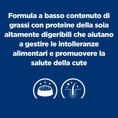 Formula a basso contenuto di grassi con proteine della soia digeribili, aiuta a gestire intolleranze alimentari e promuovere la salute della cute. Testo in italiano.