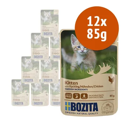 Confezione da 12 bustine Bozita Kitten con pollo, 85 g ciascuna. Testo visibile: 'Grain Free', 'Swedish Ingredients', 'Delicious Taste Easy Digestion', 'FOS', 'Omega'.