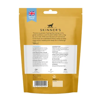 Back of Skinners pet food pack showing feeding guide, composition, analytical constituents, storage instructions, and British Made label. Net weight 90g.