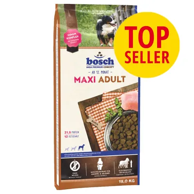 bosch HIGH PREMIUM CONCEPT MAXI ADULT, 21,5 % protein, 12 % fedt, uden hvede, muskelekstrakt, 15,0 kg. Stor gul cirkel med rød tekst: TOP SELLER.