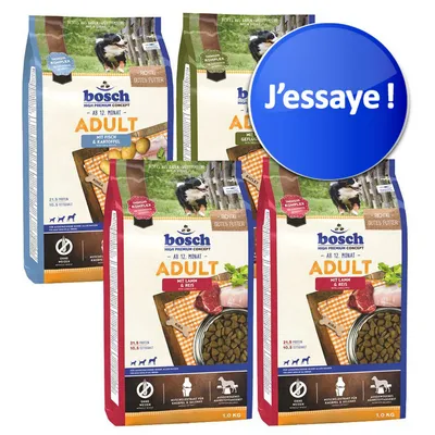 Sachets de croquettes bosch ADULT pour chiens, variantes visibles : mit Fisch & Kartoffel, mit Geflügel & Dinkel, mit Lamm & Reis. Texte sur rond bleu : J’essaie !