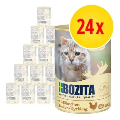 24x Bozita kattmat med kyckling, 400 g burkar. Synlig text: 'Bozita Swedish Natural Quality', 'mit Huhnchen Chicken/Kyckling', 'grain free'. Bild på katt på förpackningen.