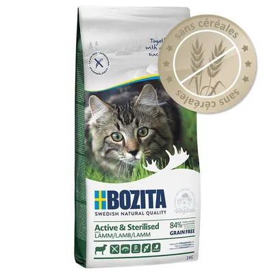 Bozita Active & Sterilised with Lamb, 84 % animal protein, grain free, sans céréales, sac de croquettes pour chat, 2 kg. Image d’un chat sur l’emballage.