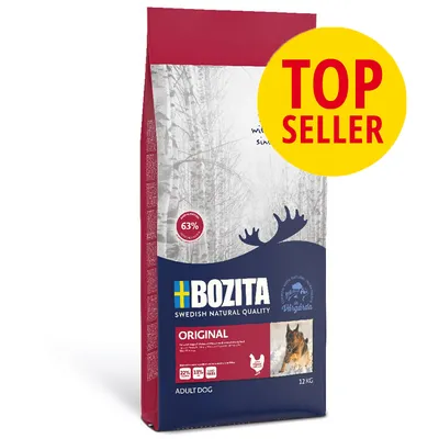 BOZITA Swedish Natural Quality Original adult dog 12 kg. Synlig tekst: 63 %, 22 % protein, 11 % fedt, TOP SELLER i gul cirkel. Billede af hund og kyllingesymbol på posen.
