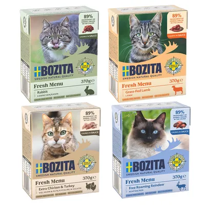 Lot Mixte Bozita Tetra Bouchées pour chat 48 x 370 g - lot mixte 1 en sauce : poulet & dinde, lapin, renne, agneau Lot Mixte Bozita Tetra Bouchées pour chat 48 x 370 g - lot mixte 1 en sauce : poulet & dinde, lapin, renne, agneau