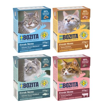 Bozita Fresh Menu Katzenfutter in Gelee, Sorten: Atlantikmakrele, Extra Huhn, Schellfisch, Grasgefüttertes Rind. 370g Packungen, 89% tierische Zutaten, getreidefrei, ohne Zucker und Farbstoffe.