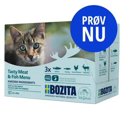 Bozita Tasty Meat & Fish Menu kattemad, 12 x 85 g. Prøv nu. Indeholder laks, sild, ekstra kylling og rensdyr. Kornfri. Swedish ingredients. Delicious taste easy digestion.