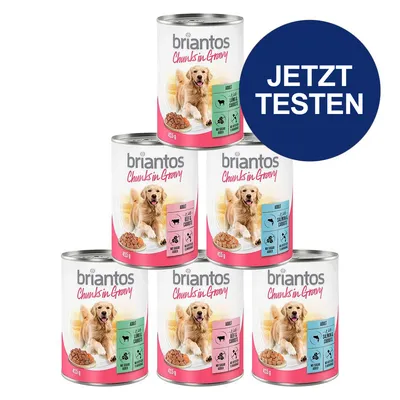 Briantos Chunks in Gravy, Nassfutter für Hunde, Sorten: Adult Lamb & Carrots und Adult Salmon & Carrots, 415g Dosen. Button mit Text 'Jetzt testen'.