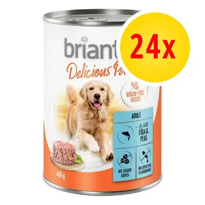 Confezione da 24 lattine Briantos Delicious Paté, ricetta grain-free, adult, fish & peas, senza zuccheri aggiunti né aromi artificiali, 400 g.