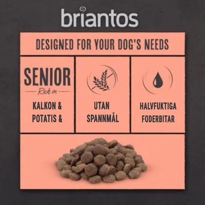 briantos, Designed for your dog's needs. Senior, kalkon & potatis &, utan spannmål, halvfuktiga foderbitar. Bild på hundfoderbitar.