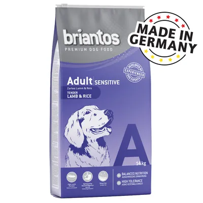 Balení briantos PREMIUM DOG FOOD Adult Sensitive Tender Lamb & Rice, 14 kg. Text: MADE IN GERMANY, Balanced nutrition, High tolerance, Shiny coat, High lamb content. Balení briantos PREMIUM DOG FOOD Adult Sensitive Tender Lamb & Rice, 14 kg. Text: MADE IN GERMANY, Balanced nutrition, High tolerance, Shiny coat, High lamb content.