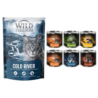 Wild Freedom pack nutrición mixta: pienso 400 g + latas 6 x 200 g Cold River con salmón + latas en pack mixto
