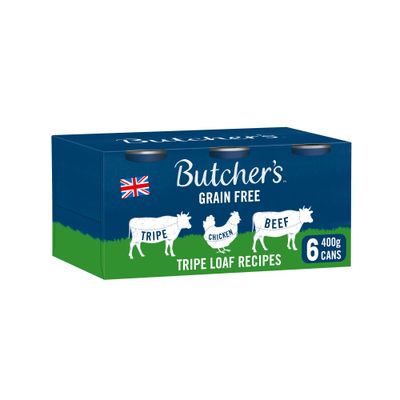 Butcher's Grain Free Tripe Loaf Recipes, 6 cans of 400g each, varieties: Tripe, Chicken, Beef, British flag depicted