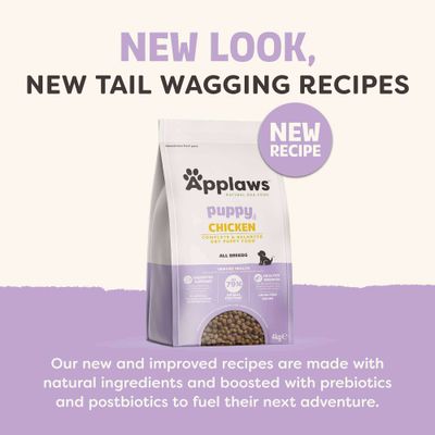 Applaws Hvalp Kylling Tørfoder, ny opskrift med naturlige ingredienser, beriget med præbiotika og postbiotika. 4, kg pakke til alle racer.