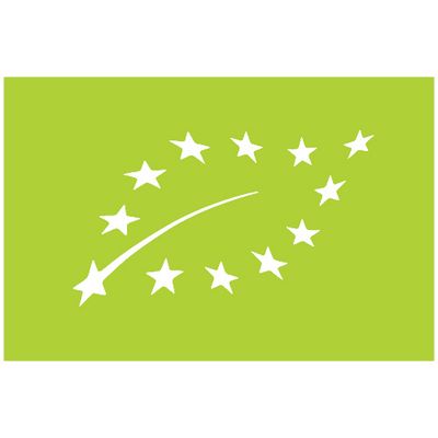 Logotipo ecológico de la UE con fondo verde y hoja formada por estrellas blancas. Indica certificación ecológica europea en productos alimentarios.