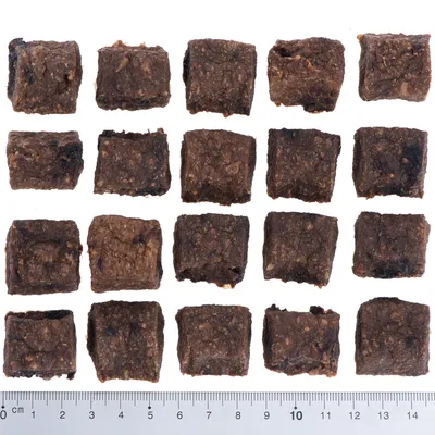 Close-up of brown, cube-shaped dog snacks in a row. Below is a ruler with centimetre markings for size reference.