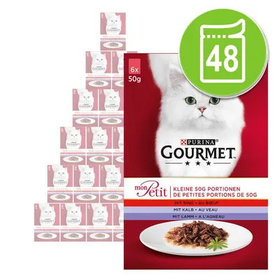 Purina Gourmet mon Petit, confezione da 48 bustine da 50 g ciascuna. Gusti visibili: manzo, vitello, agnello. Immagine di un gatto bianco e piatto con bocconcini. Purina Gourmet mon Petit, confezione da 48 bustine da 50 g ciascuna. Gusti visibili: manzo, vitello, agnello. Immagine di un gatto bianco e piatto con bocconcini.
