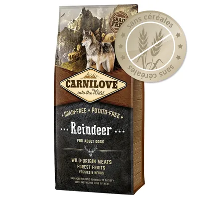 Sac Carnilove into the Wild Reindeer pour chiens adultes, sans céréales, sans pommes de terre, viandes d’origine sauvage, fruits des bois, légumes et herbes. Badge « sans céréales ». Sac Carnilove into the Wild Reindeer pour chiens adultes, sans céréales, sans pommes de terre, viandes d’origine sauvage, fruits des bois, légumes et herbes. Badge « sans céréales ».