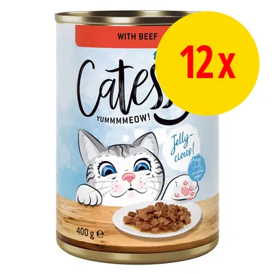 Catesse Yummmmeow! With Beef, Jelly-cious, 400 g dåse kattemad. Pakke med 12 stk. Ingen tilsat sukker. Billede af kat og tallerken med foder på emballagen.