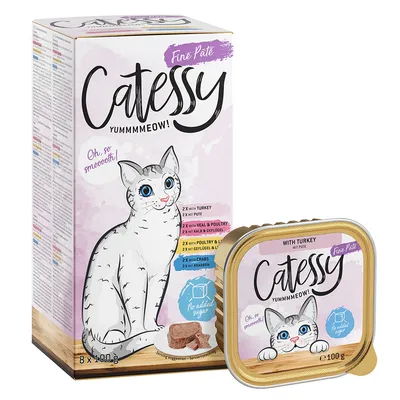 Catessy Fine Paté, 8x100g. Sortimente: curcan, vițel și pasăre, pasăre și ficat, creveți. Fără adaos de zahăr. Imagine cu o pisică și paté.